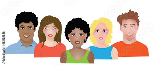Set of diverse multicultural people smiling. Vector Illustration portraits pack isolated on white background