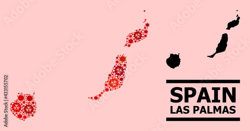 Vector covid-2019 mosaic map of Las Palmas Province organized for medicare illustrations. Red mosaic map of Las Palmas Province is constructed with biohazard covid viral items.