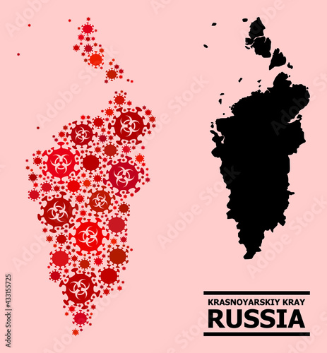 Vector covid mosaic map of Krasnoyarskiy Kray combined for health care wallpapers. Red mosaic map of Krasnoyarskiy Kray is organized from biohazard covid-2019 pathogen icons.