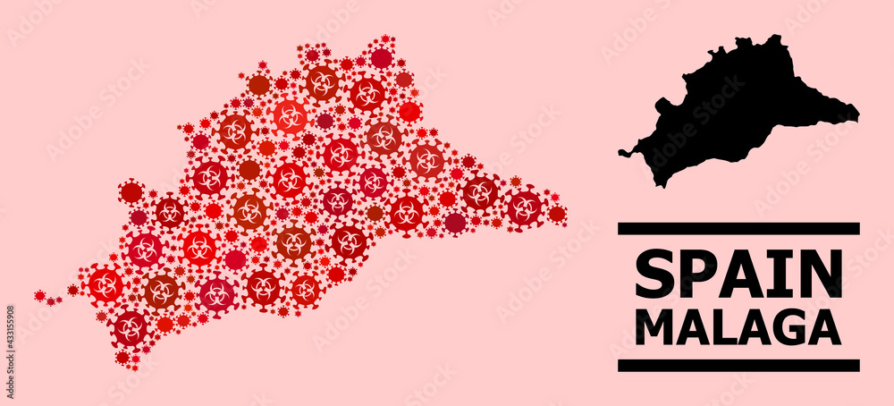 Obraz premium Vector covid mosaic map of Malaga Province organized for medicare posters. Red mosaic map of Malaga Province is formed of biological hazard covid-2019 pathogen elements.