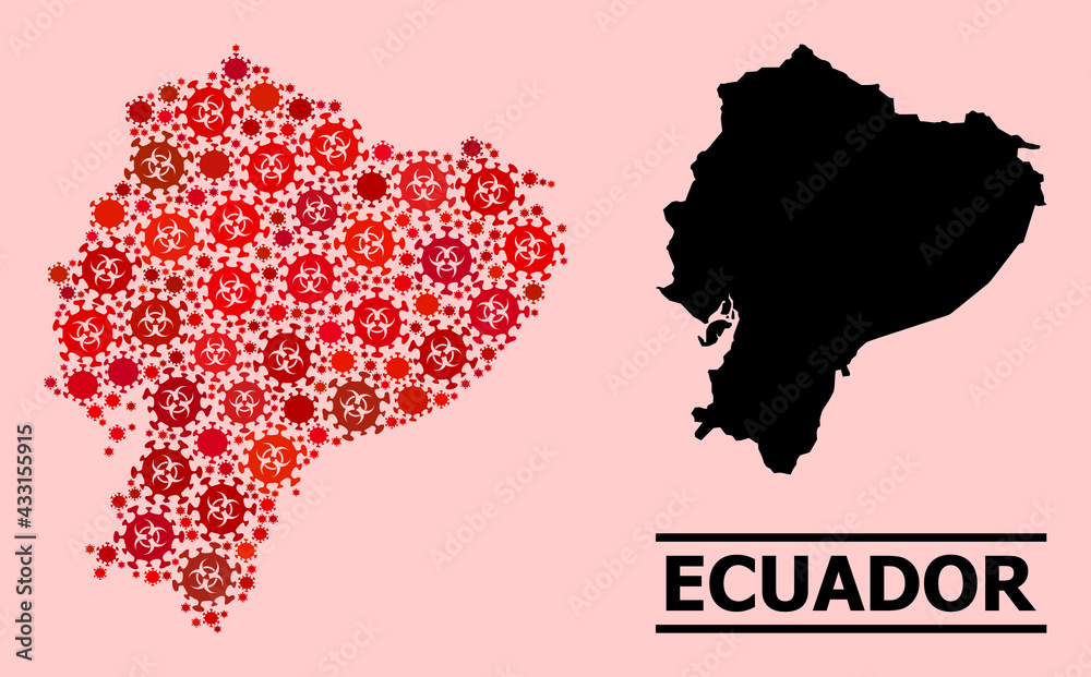 Vector coronavirus mosaic map of Ecuador combined for pandemic wallpapers. Red mosaic map of Ecuador is composed of biohazard coronavirus viral items.