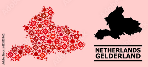 Vector covid mosaic map of Gelderland Province created for medicare purposes. Red mosaic map of Gelderland Province is shaped of biological hazard covid pathogen icons.
