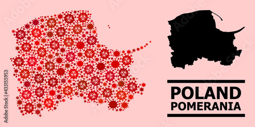 Vector coronavirus mosaic map of Pomerania Province created for doctor projects. Red mosaic map of Pomerania Province is composed from biohazard coronavirus viral cells.