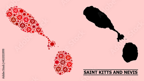 Vector covid-2019 composition map of Saint Kitts and Nevis done for medicare wallpapers. Red mosaic map of Saint Kitts and Nevis is composed from biological hazard covid-2019 infection parts.