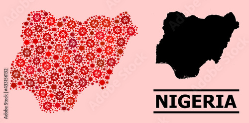 Vector covid mosaic map of Nigeria designed for pandemic purposes. Red mosaic map of Nigeria is done with biological hazard covid-2019 viral items.