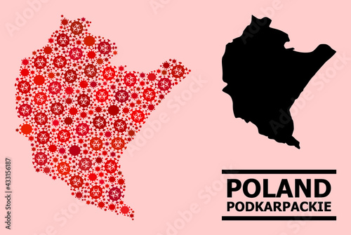 Vector covid mosaic map of Podkarpackie Province designed for medicare projects. Red mosaic map of Podkarpackie Province is made of biohazard covid infection parts.