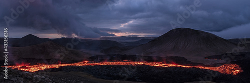 Fagradalsfjall volcanic eruption in the night before sunrise in Reykjanes peninsula around 40 kilometres from Reykjavik, Iceland
