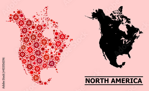 Vector covid mosaic map of North America created for medicare illustrations. Red mosaic map of North America is done with biohazard flu viral elements.