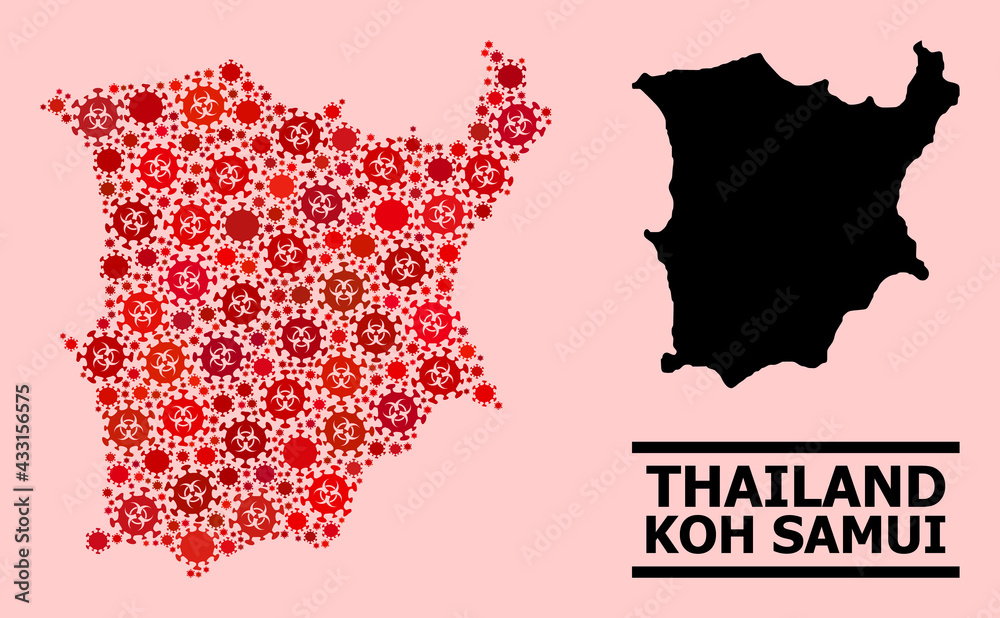Vector covid mosaic map of Koh Samui combined for pandemic projects. Red mosaic map of Koh Samui is done with biohazard covid viral parts.