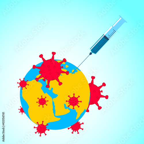 Introduction of the coronavirus vaccine. An injection in a syringe is injected into the planet. Around the earth are molecules of the Covid-19 virus.