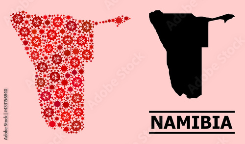 Vector covid mosaic map of Namibia organized for health care wallpapers. Red mosaic map of Namibia is organized with biological hazard coronavirus viral parts.