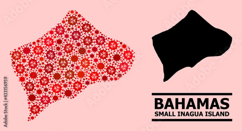 Vector covid-2019 composition map of Small Inagua Island designed for medicare posters. Red mosaic map of Small Inagua Island is designed with biological hazard covid viral elements.