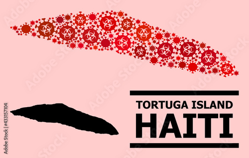 Vector covid-2019 collage map of Haiti Tortuga Island constructed for medicare posters. Red mosaic map of Haiti Tortuga Island is made of biological hazard covid-2019 viral parts.
