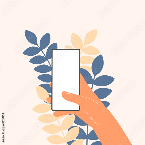 Human hands hold horizontally mobile phone with blank screen. Hand holding phones with empty screens mock up. Flat vector illustration scrolling or searching.