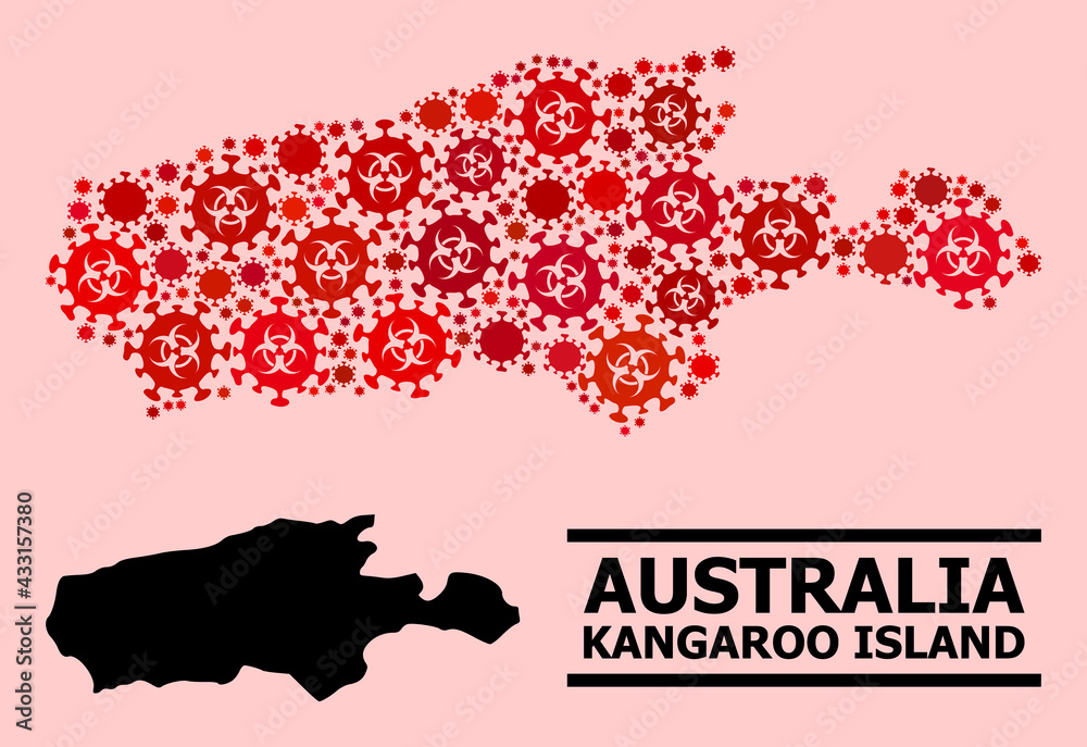 Vector covid-2019 mosaic map of Kangaroo Island organized for clinic posters. Red mosaic map of Kangaroo Island is shaped from biohazard covid-2019 viral icons.