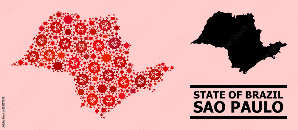 Obraz premium Vector covid mosaic map of Sao Paulo State organized for clinic applications. Red mosaic map of Sao Paulo State is organized with biohazard covid viral parts.