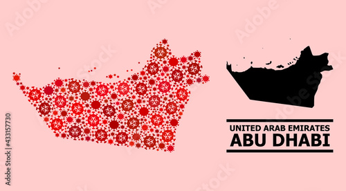 Vector covid-2019 mosaic map of Abu Dhabi Emirate combined for pandemic wallpapers. Red mosaic map of Abu Dhabi Emirate is designed with biohazard covid-2019 viral elements.