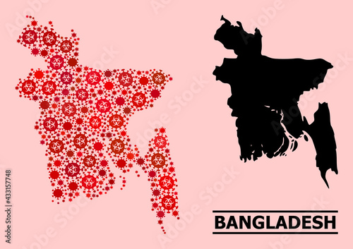 Vector covid composition map of Bangladesh organized for medicare projects. Red mosaic map of Bangladesh is organized with biohazard covid-2019 pathogen elements.