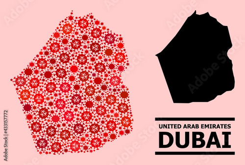 Vector covid-2019 composition map of Dubai Emirate constructed for hospital illustrations. Red mosaic map of Dubai Emirate is formed of biological hazard covid-2019 infection icons.