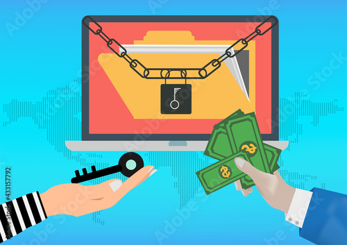 Hand holding money for paying the key from hacker.Ransomware, malware, virus, extortion,data,lock.Vector concept Computer security and technology.