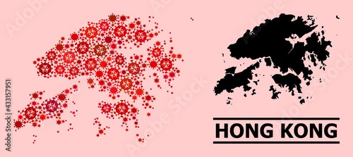 Vector coronavirus composition map of Hong Kong created for doctor projects. Red mosaic map of Hong Kong is created with biological hazard coronavirus viral parts.