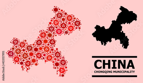 Vector covid-2019 mosaic map of Chongqing Municipality designed for vaccination projects. Red mosaic map of Chongqing Municipality is done with biohazard covid-2019 pathogen items.