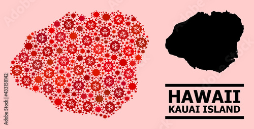 Vector covid-2019 composition map of Kauai Island constructed for lockdown purposes. Red mosaic map of Kauai Island is organized with biohazard covid-2019 pathogen parts.