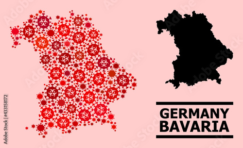Vector covid-2019 collage map of Bavaria State constructed for medicare advertisement. Red mosaic map of Bavaria State is constructed of biohazard covid-2019 pathogen parts.