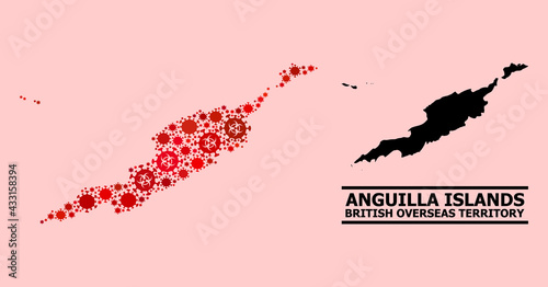 Vector covid-2019 mosaic map of Anguilla Islands done for pandemic wallpapers. Red mosaic map of Anguilla Islands is done from biohazard covid-2019 viral cells.