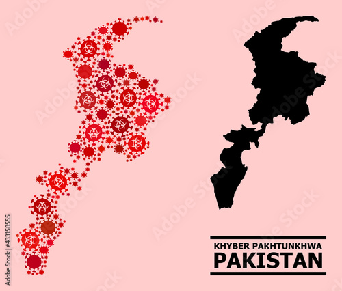 Vector covid-2019 composition map of Khyber Pakhtunkhwa Province constructed for medicare applications.