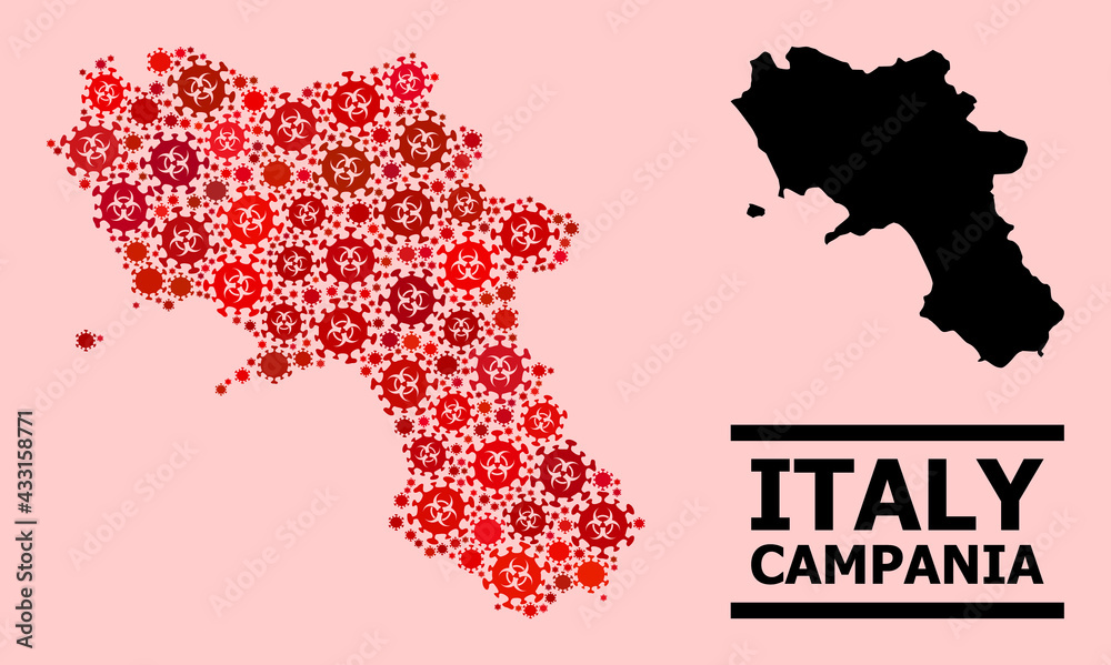 Vector coronavirus composition map of Campania region combined for vaccination wallpapers. Red mosaic map of Campania region is made of biohazard coronavirus pathogen parts.