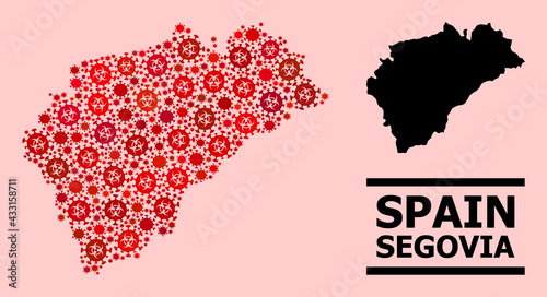 Vector covid mosaic map of Segovia Province organized for medicare posters. Red mosaic map of Segovia Province is organized of biohazard covid infection cells.