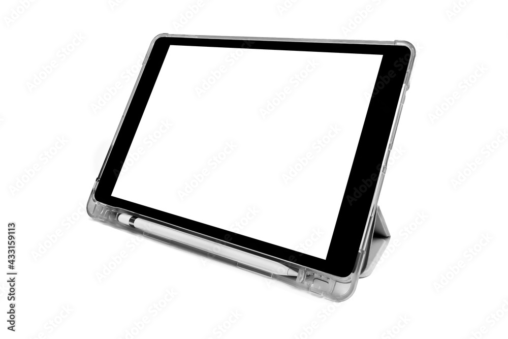 Digital tablet with pencil stylus and case isolated on white background Digital tablet with pencil stylus and case isolated on white background