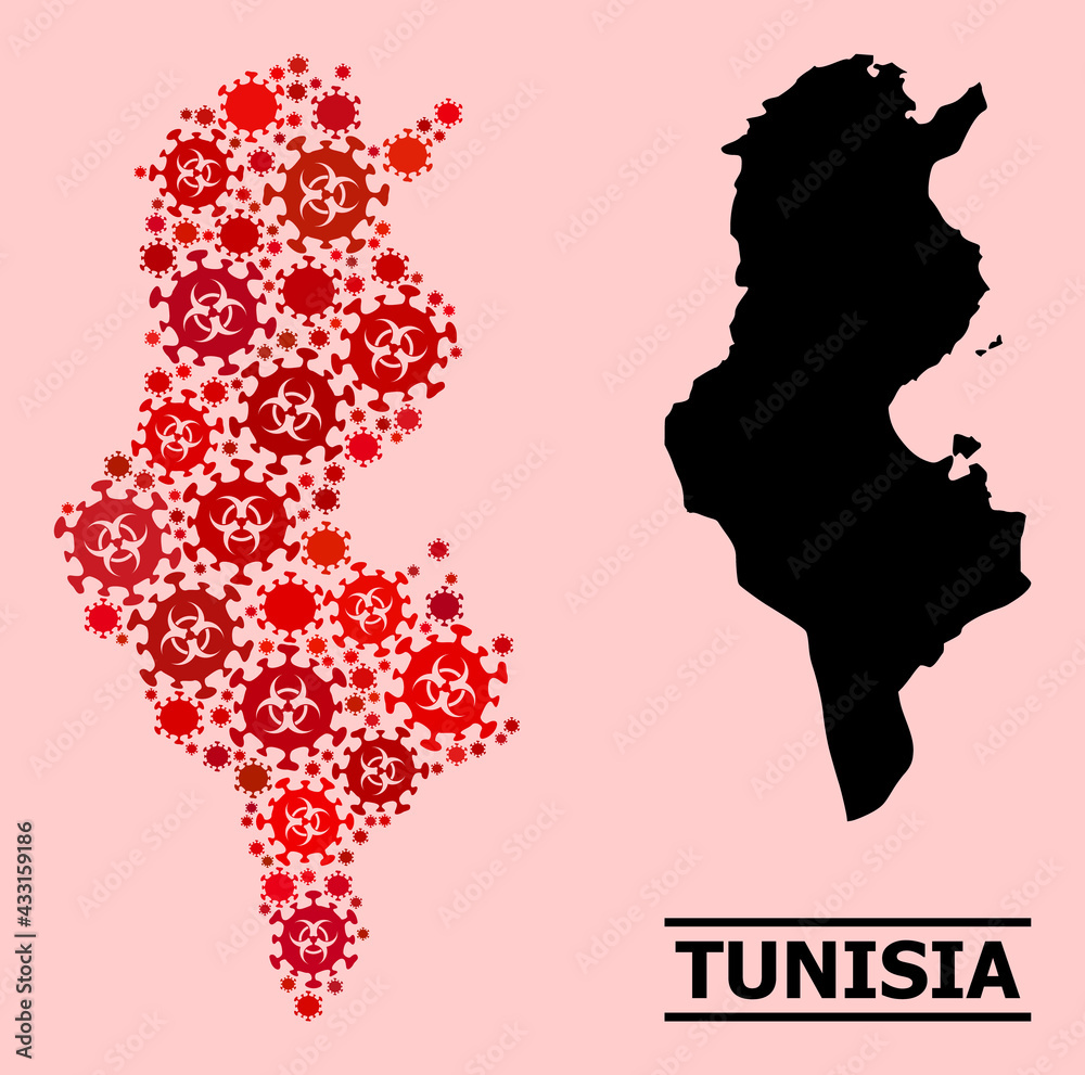 Vector covid-2019 mosaic map of Tunisia constructed for lockdown illustrations. Red mosaic map of Tunisia is composed from biological hazard coronavirus infection cells.