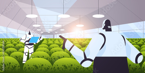 robotic agricultural engineers researching plants in greenhouse agriculture scientist artificial intelligence