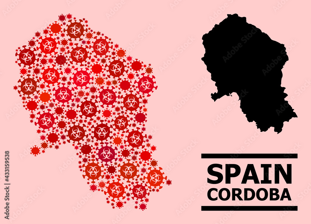 Vector covid-2019 collage map of Cordoba Spanish Province created for clinic advertisement. Red mosaic map of Cordoba Spanish Province is constructed from biological hazard covid-2019 pathogen items.