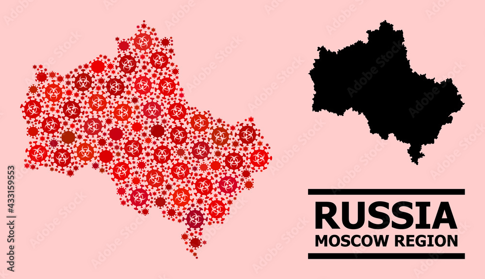 Vector coronavirus mosaic map of Moscow Region designed for clinic applications. Red mosaic map of Moscow Region is designed from biological hazard flu pathogen elements.