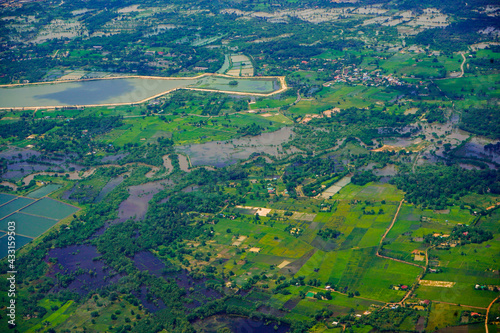 aerial view of the city, High angle view of the forest, Landscape of forests and mountains, Aerial photograph, View from the airplane window. 