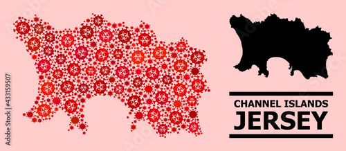 Vector coronavirus mosaic map of Jersey Island created for medicare advertisement. Red mosaic map of Jersey Island is created with biological hazard coronavirus pathogen icons.