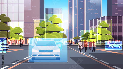 detection and identification of people and cars on city street roads facial recognition AI analyze big data concept