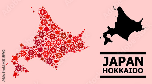 Vector coronavirus collage map of Hokkaido Island organized for medicare applications. Red mosaic map of Hokkaido Island is organized of biological hazard coronavirus infection icons.