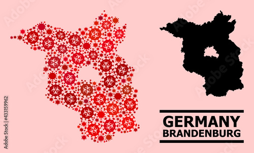 Vector coronavirus mosaic map of Brandenburg State constructed for medicare advertisement. Red mosaic map of Brandenburg State is organized of biological hazard coronavirus pathogen cells.