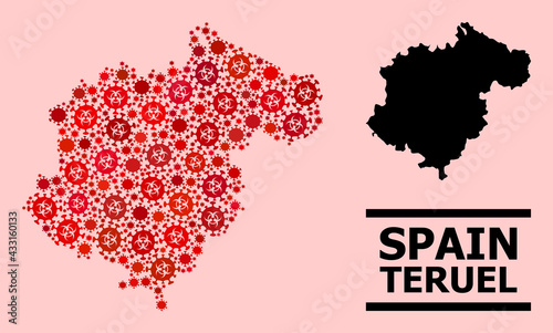 Vector coronavirus mosaic map of Teruel Province done for medicare projects. Red mosaic map of Teruel Province is done of biohazard coronavirus viral parts.