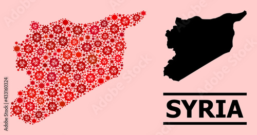 Vector covid-2019 mosaic map of Syria constructed for clinic posters. Red mosaic map of Syria is formed from biological hazard covid pathogen items.