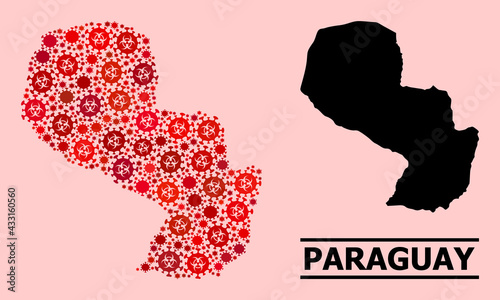 Vector coronavirus mosaic map of Paraguay designed for medicare applications. Red mosaic map of Paraguay is designed with biological hazard covid-2019 infection items.