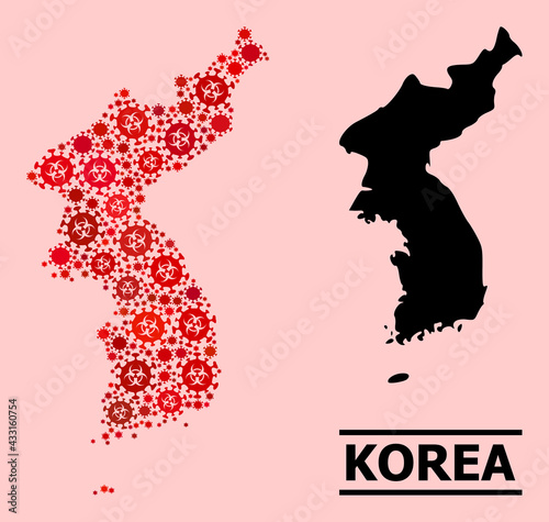 Vector covid-2019 mosaic map of Korea organized for medicare wallpapers. Red mosaic map of Korea is shaped with biological hazard covid-2019 pathogen items.