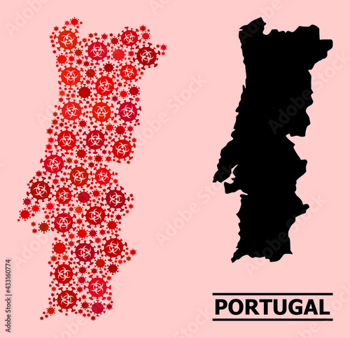 Vector covid-2019 mosaic map of Portugal done for medicare purposes. Red mosaic map of Portugal is done of biohazard covid pathogen elements.