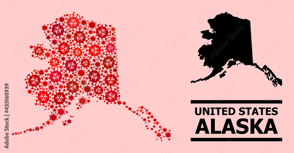 Vector covid-2019 collage map of Alaska State designed for pharmacy applications. Red mosaic map of Alaska State is organized of biological hazard covid-2019 viral parts. Vector covid-2019 collage map of Alaska State designed for pharmacy applications. Red mosaic map of Alaska State is organized of biological hazard covid-2019 viral parts.