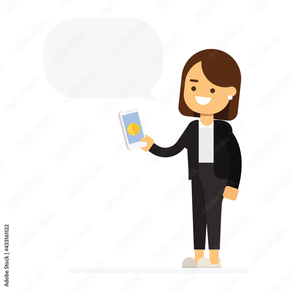 businesswoman holding smartphone with money coin and white speech bubble businesswoman holding smartphone with money coin and white speech bubble