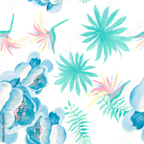 Gray Tropical Plant. Navy Seamless Hibiscus. Cobalt Pattern Palm. Indigo Drawing Art. Blue Floral Botanical. White Decoration Painting. Wallpaper Art. © Surendra